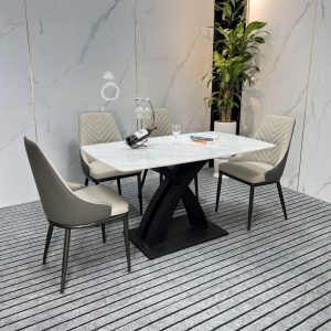 Bộ bàn ăn mặt đá chân X ba lá nhập khẩu - 4 ghế - BAMD001