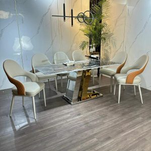 Bộ Bàn Ăn Mặt Đá Thạch Anh chân Inox nhập khẩu - BAD256